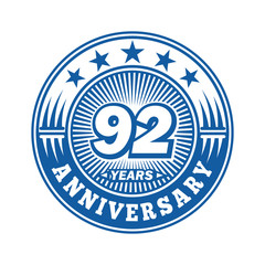 92 years logo. Ninety-two years anniversary celebration logo design. Vector and illustration.