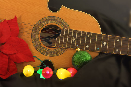 Puerto Rican Cuatro On The Floor With Color Christmas Lights. A Puerto Rico Strings Musical Folk Instrument.