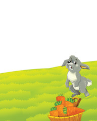 Obraz na płótnie Canvas cartoon scene with rabbit on a farm having fun on white background - illustration for children