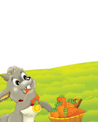 cartoon scene with rabbit on a farm having fun on white background - illustration for children