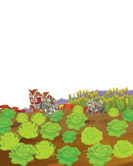 cartoon scene with rabbit on a farm having fun on white background - illustration for children