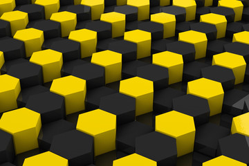 3d rendering of black and yellow geometric hexagonal abstract background. Pattern for texture of wallpapers. 3d background light honeycomb of different height. 