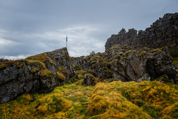 Fototapeta premium Thingvellir National Park - famous area in Iceland right on the spot where the atlantic tectonic plates meets. UNESCO World Heritage Site. September 2019