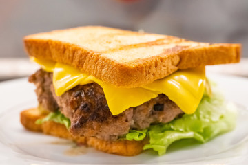 Homemade sandwich on the plate closeup. Selective focus