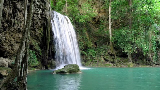 Erawan waterfall level three in National Park, famous tourist destination in Kanchanaburi, Thailand.