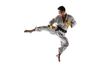 Confident korean man in kimono practicing hand-to-hand combat, martial arts. Young male fighter with black belt training isolated on white studio background. Concept of healthy lifestyle, sport.