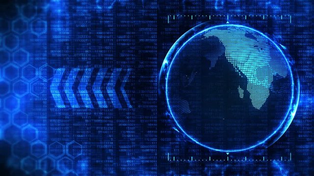 Earth globe 3d with business high tech background. Graph arrow loop animation. Hexagon geometric design and binary numbers background.