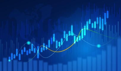 Business candle stick graph chart of stock market investment trading on blue background. Bullish point, Trend of graph. Eps10 Vector illustration.