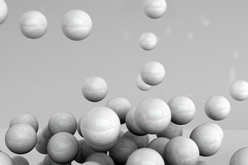 3D rendering of abstract science fiction concept. Group of spheres levitate. Flying spheres in empty space, abstract bubbles. White balls on gray background.