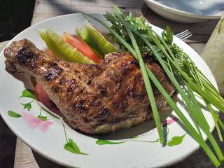 picnic in nature, grilled meat, barbecue in a forest house