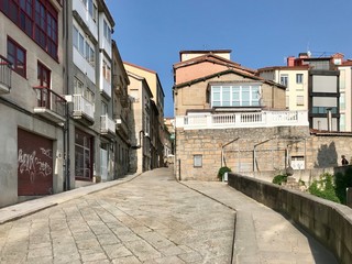 Fototapeta na wymiar Oursense, Ourense / Spain - August 20 2018: View of the streets of the city center of Ourense in Galicia during a sunny day