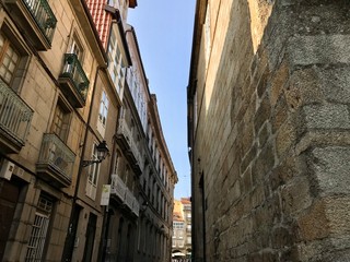 Oursense, Ourense / Spain - August 20 2018: View of the streets and buildings of the city center of Ourense in Galicia during a sunny day