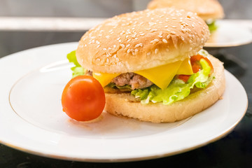 Homemade hamburger with cherry tomato on the plate closeup. Selective focus