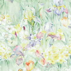 Fototapeta na wymiar Floral background for fashion prints. Design for textile, wallpapers, wrapping, paper. Spring flowery texture. Apple flowers.