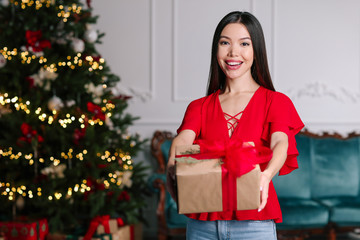 Fototapeta na wymiar Beautiful young Asian woman with Christmas gift at home