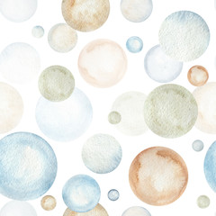 Watercolor seamless pattern with round blue, brown, gold texture on white and grey background
