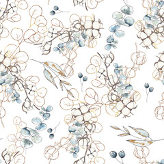 Watercolor floral winter seamless pattern with flowers, cotton, blue branches, brown twigs, gold and black Floral silhouettes of cotton, For wedding invitation, card making - 305830696