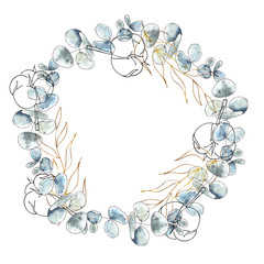 Watercolor floral season wreath with flowers, cotton, blue branches, brown twigs, gold and black Floral silhouettes of cotton, For wedding invitation, card making