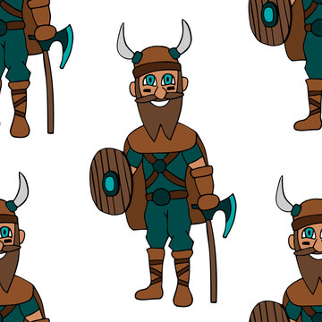 cartoon viking with ax, shield and beard. White background seamless pattern. vector illustration