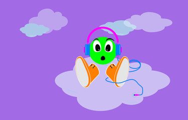 Illustration, Folder with digital sound files in the cloud. Headset graphic. Cartoon, drawing with surprise facial expression. Listening to music at height. Hosting, virtual data server.