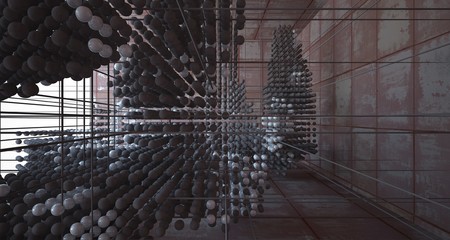 Abstract architectural concrete and rusted metal interior of spheres with large windows. 3D illustration and rendering.