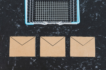 newsletters and marketing communication, group of email envelope icons with shopping basket