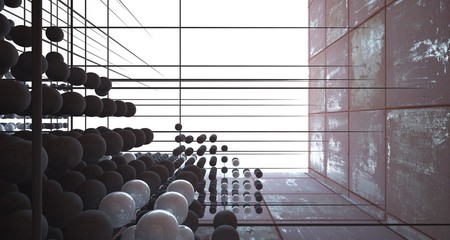Abstract architectural concrete and rusted metal interior of spheres with large windows. 3D illustration and rendering.