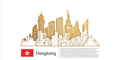 Foto op Plexiglas Hong Kong Travel postcard, poster, tour advertising of world famous landmarks in paper cut style. Vectors illustrations © amayda