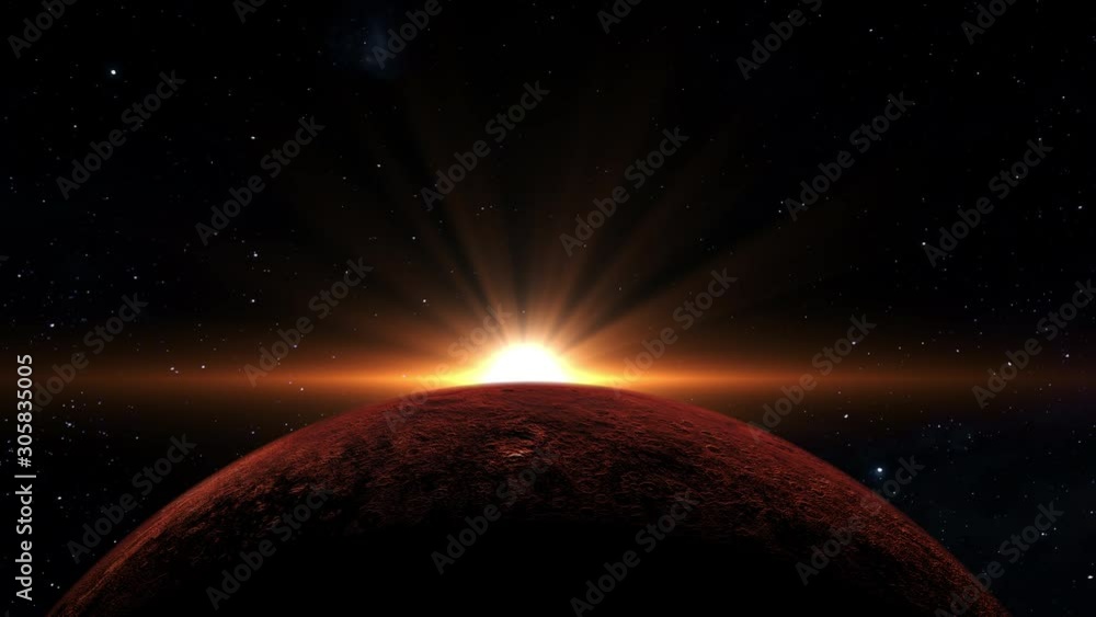 Wall mural red planet mars with the sun rising behind casting deep shadows concept