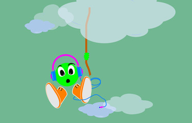 Illustration, Folder with digital sound files in the cloud. Headset graphic. Cartoon, drawing with surprise facial expression. Listening to music, holding a string. Hosting, virtual data server.