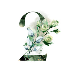 Number 2 with watercolor leaf. Perfectly for wedding invitation, greeting birthday card, anniversary decoration and other floral design. Hand painting. Isolated on white background.