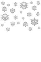 vertical frame of Christmas decor in the form of silver snowflakes on a white background. new year concept, top view, flat lay