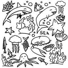 The sea life black and white doodle sketch