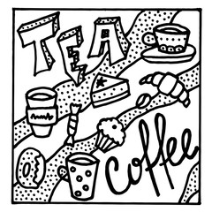Tea and coffee black and white doodle sketch