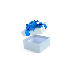 box with blue bow isolated on white background