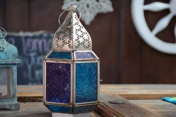 handmade lamp with blue glass and metal