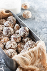 Chocolate mini gingerbread cookies in a tin retro box.