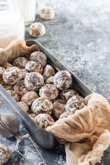 Chocolate mini gingerbread cookies in a tin retro box.