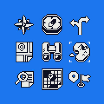 Navigation Pixel Art Icons Set, Map, Pin, Binoculars Compass, Wind Rose And Magnifier Navigation Concept. Design For Web, Mobile App, Logo, Sticker. 8-bit Sprite. Isolated Vector Illustration. 