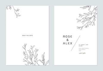 Minimalist wedding invitation card template design, floral black line art ink drawing on white