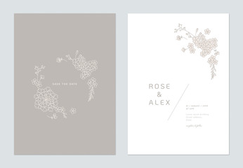 Minimalist wedding invitation card template design, floral line art ink drawing on brown and white