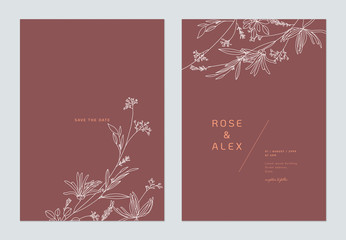 Minimalist wedding invitation card template design, floral white line art ink drawing on dark red