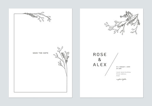 Minimalist wedding invitation card template design, floral black line art ink drawing bouquet decorated on line frame on white