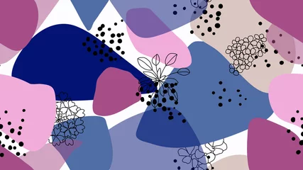 Fotobehang Seamless pattern, hand drawn wild flowers and abstract shapes, pink and blue tones © momosama