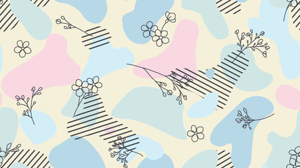 Seamless pattern, hand drawn wild flowers and abstract shapes, pink and blue tones
