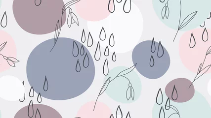 Poster Seamless pattern, hand drawn wild flowers and abstract shapes, blue and brown tones © momosama