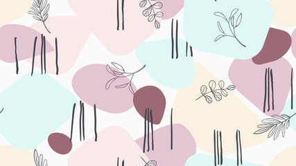 Seamless pattern, hand drawn leaves and abstract shapes, pink and blue tones