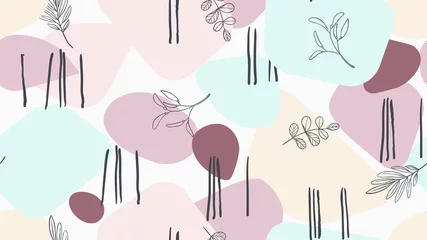 Rolgordijnen Seamless pattern, hand drawn leaves and abstract shapes, pink and blue tones © momosama