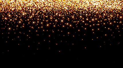 Gold confetti on black background, gold, glitter, shooting stars, holiday, Christmas, night, shining stars, circles particles, glitter gold stars