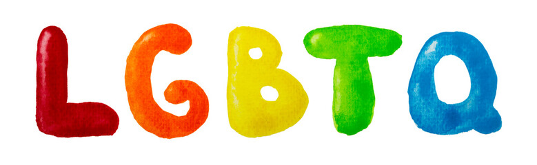 Hand drawn colored pencil letters LGBTQ in rainbow colors. LGBT, LGBTQ+ or gay equality concept
